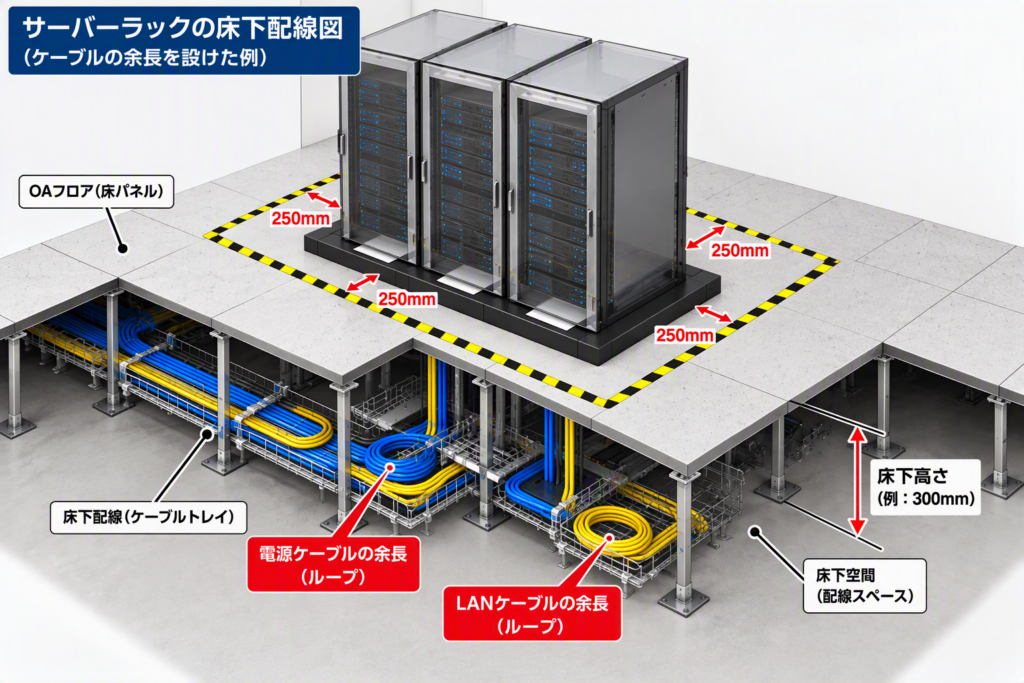 サーバーラックの周囲の作動空間と床下ケーブルの余長を示した配線図